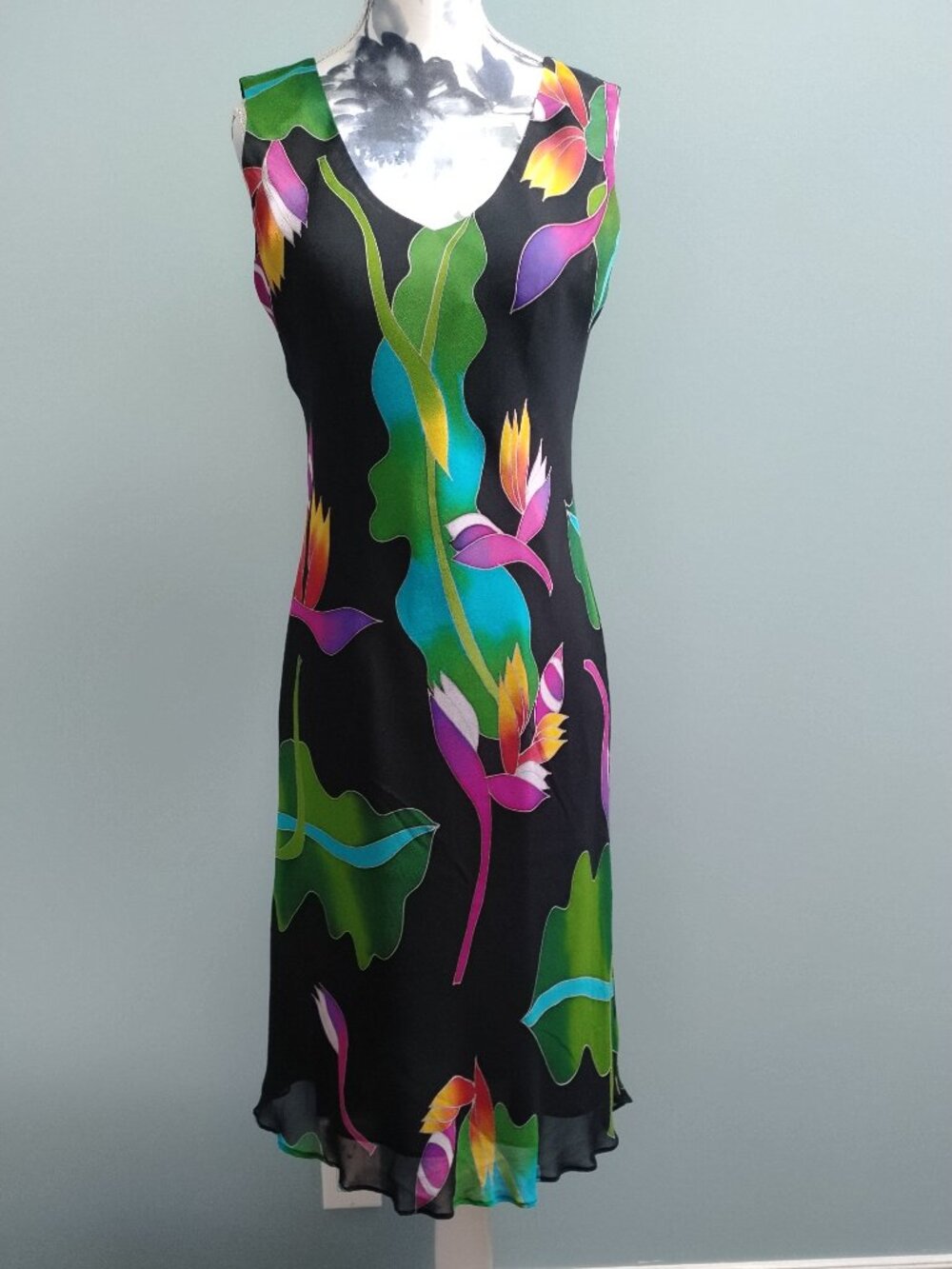 Silk Bias-Cut Black Dress With  Vibrant Tropical Floral Design, Size S